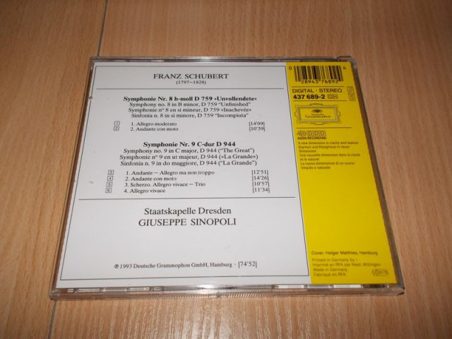 SCHUBERT:SYMPHONIEN NR. 8 - UNVOLLENDETE & NR. 9 STAATSKAPELLE DRESDEN -SINOPOLI (CD) BAZAR ROZBALENO