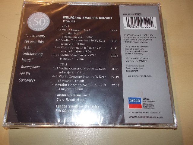 Mozart  ‎- The Violin Concertos - ARTHUR GRUMIAUX , SIR COLIN DAVIS (2CD)