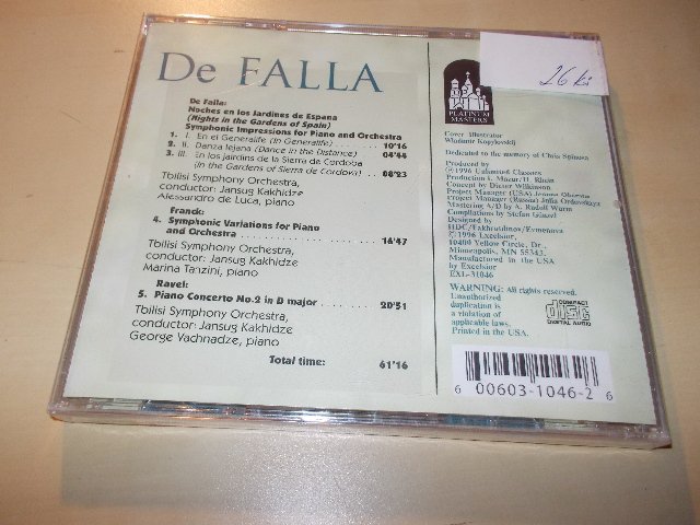 DE FALLA - Nights in Gardens of Spain - Tbilisi Symphony Orchestra (CD)